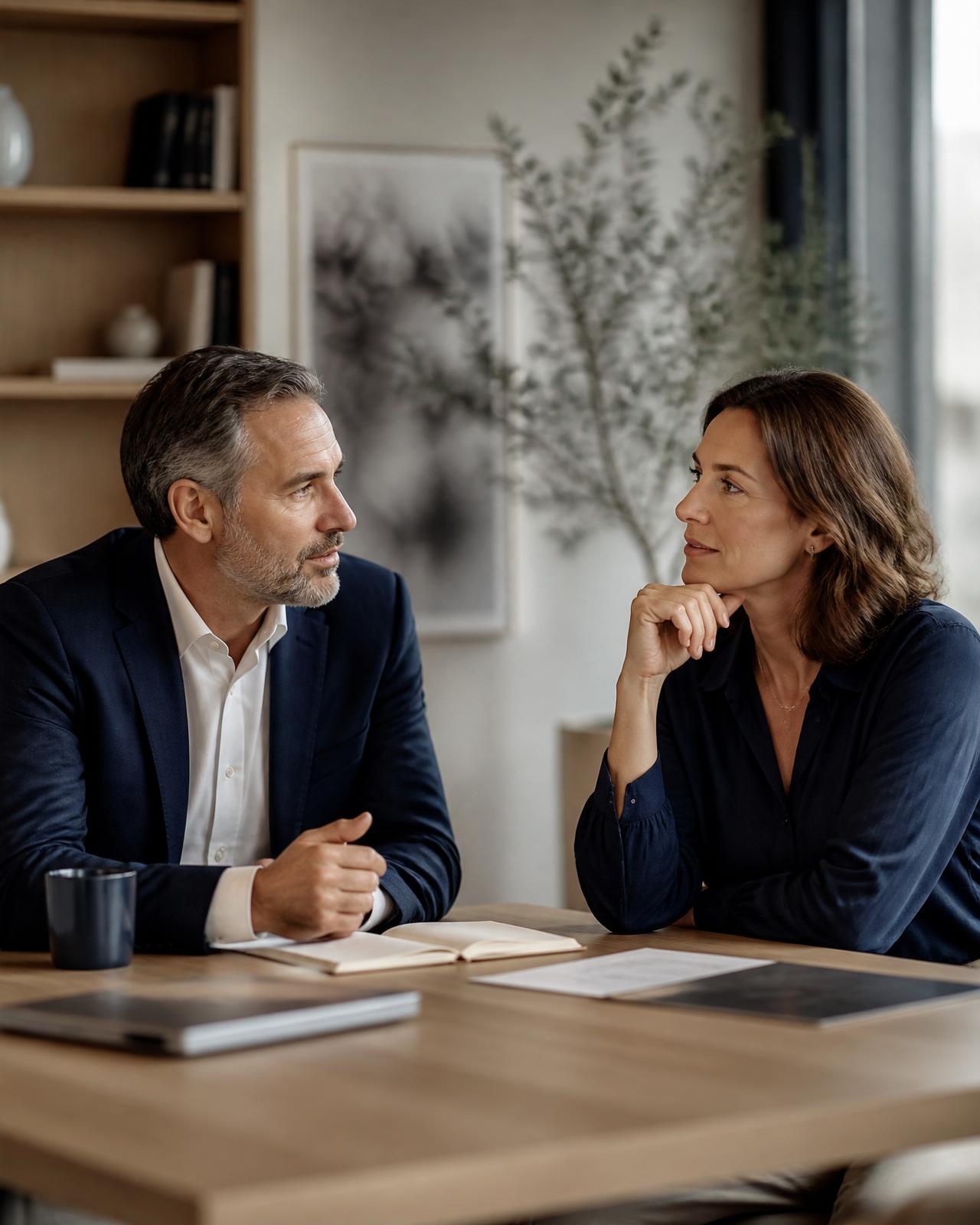Two executives in a warm, thoughtful conversation