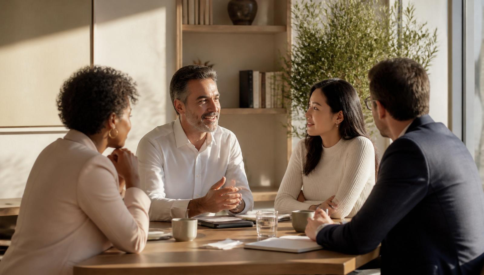 A small group of executives in warm, thoughtful collaboration